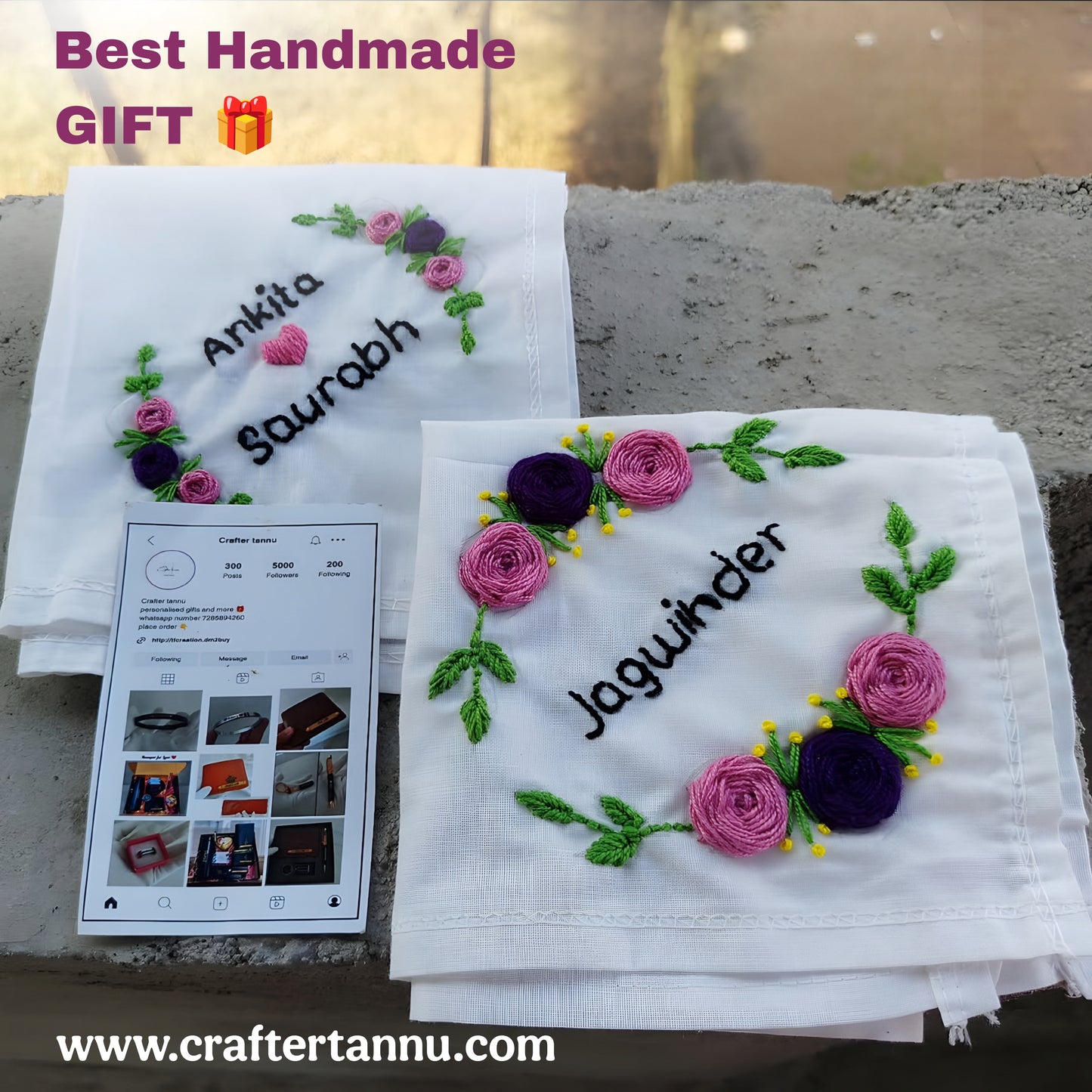 Customized Hand-Embroidered Name Handkerchiefs – Floral Design