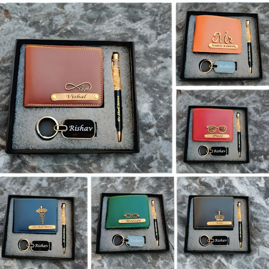 Premium Personalized Gift Set – Wallet, Keychain & Engraved Pen Combo (with Name & Charm)