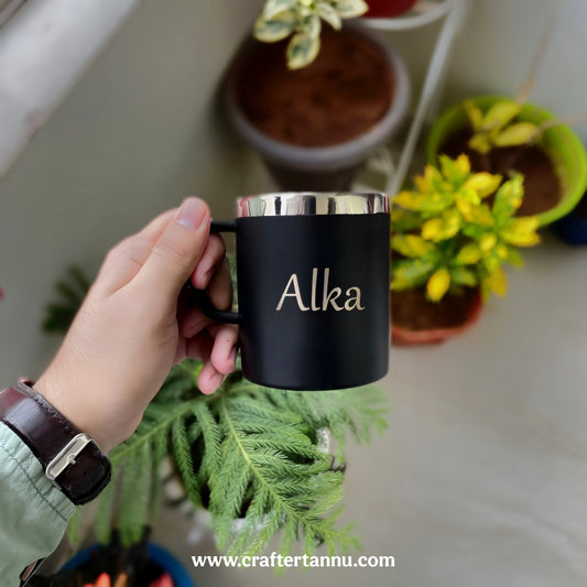 Personalized Black Steel Coffee Mug – Custom Engraved Name Cup – Double Walled Insulated