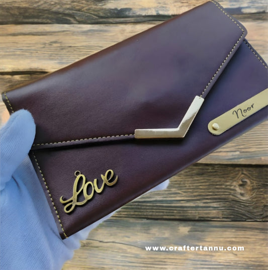 Personalized Brown Faux Leather Women's Wallet with "Love" Charm & Custom Nameplate