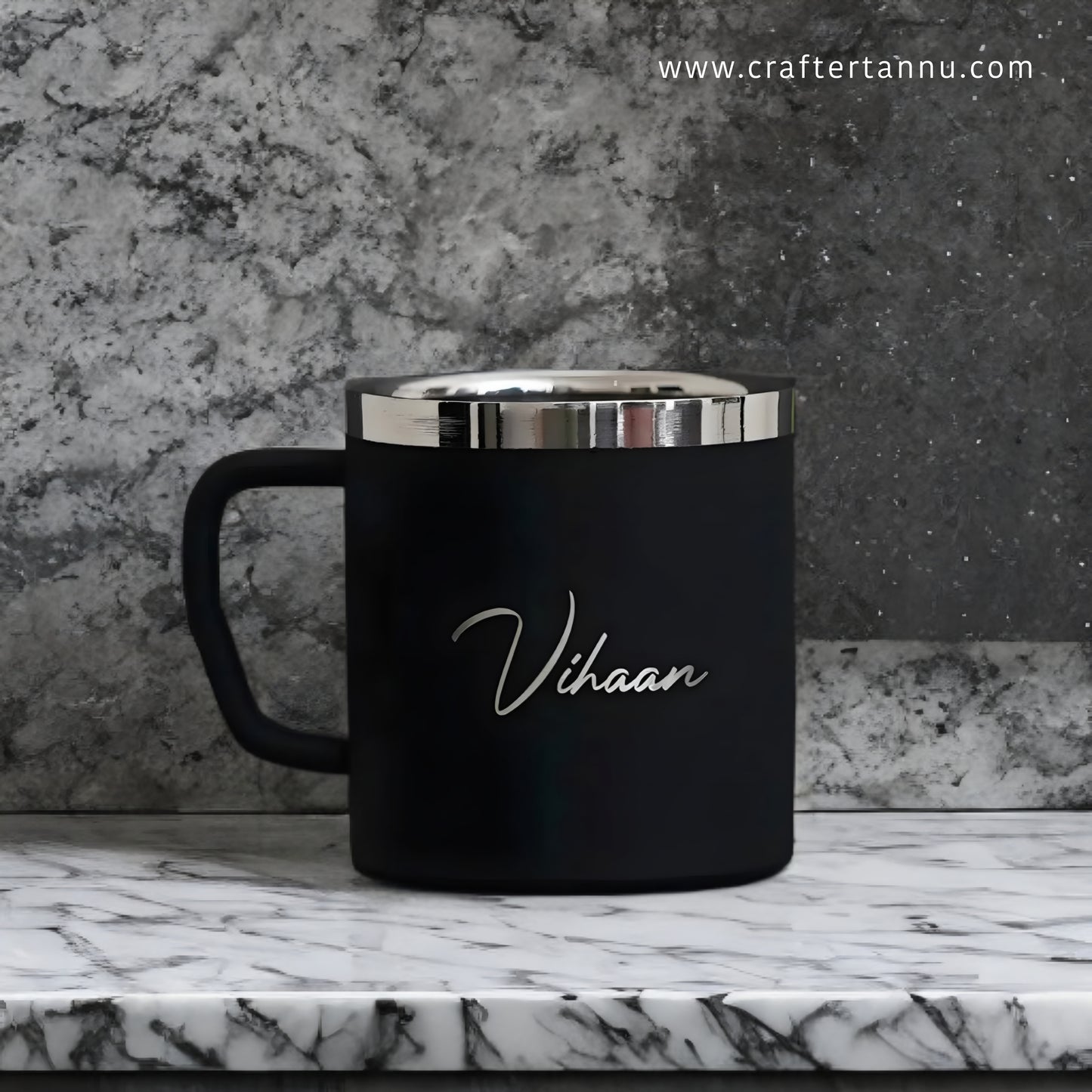 Personalized Black Steel Coffee Mug – Custom Engraved Name Cup – Double Walled Insulated