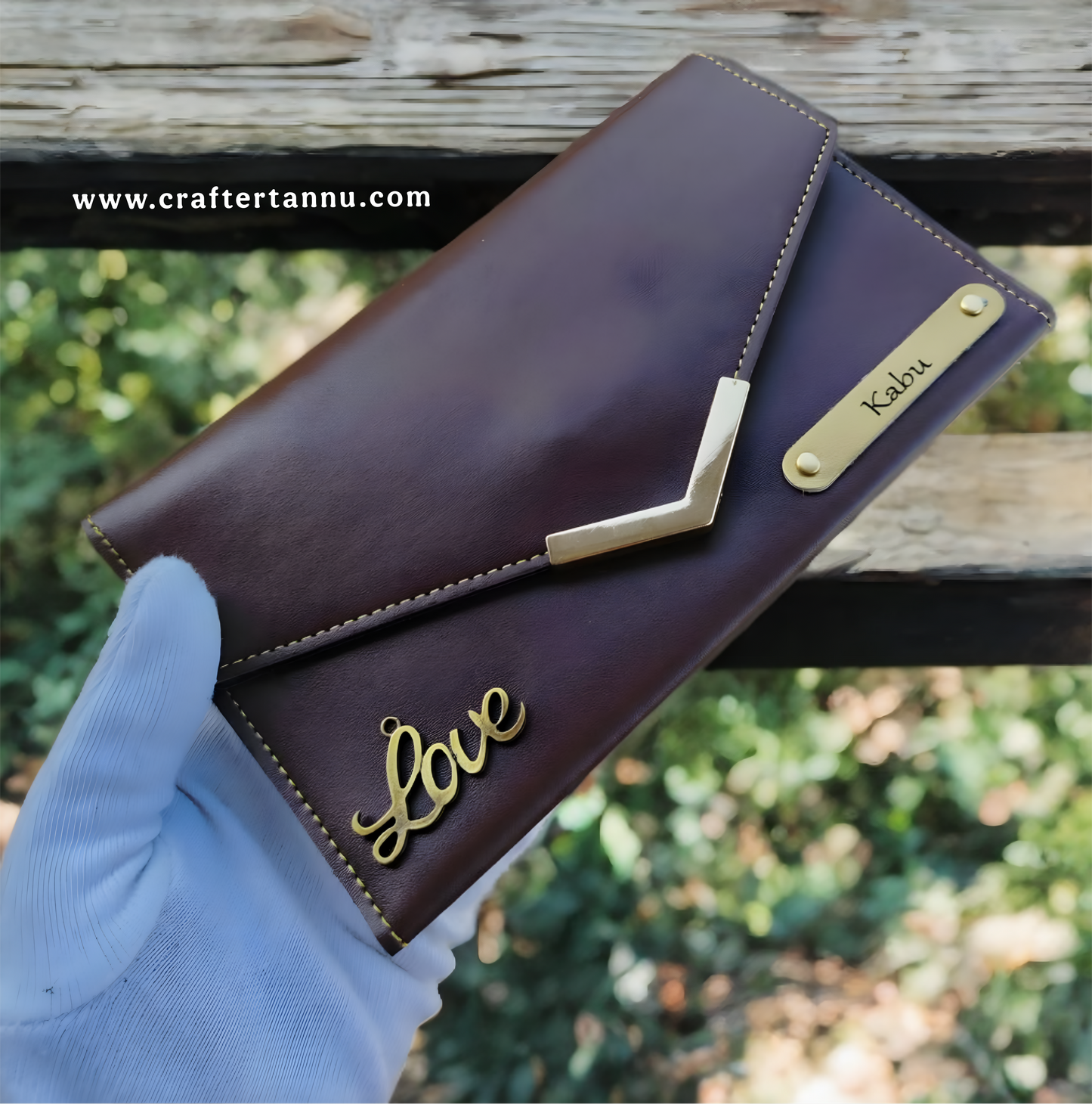 Personalized Brown Faux Leather Women's Wallet with "Love" Charm & Custom Nameplate