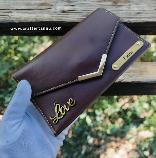 Personalized Brown Faux Leather Women's Wallet with "Love" Charm & Custom Nameplate