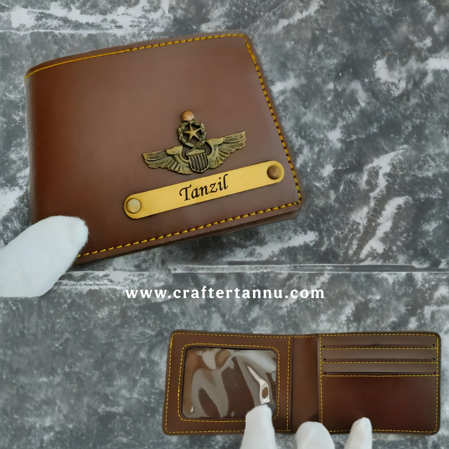 Personalized Leather Wallet with Crown Charm – Name Engraved