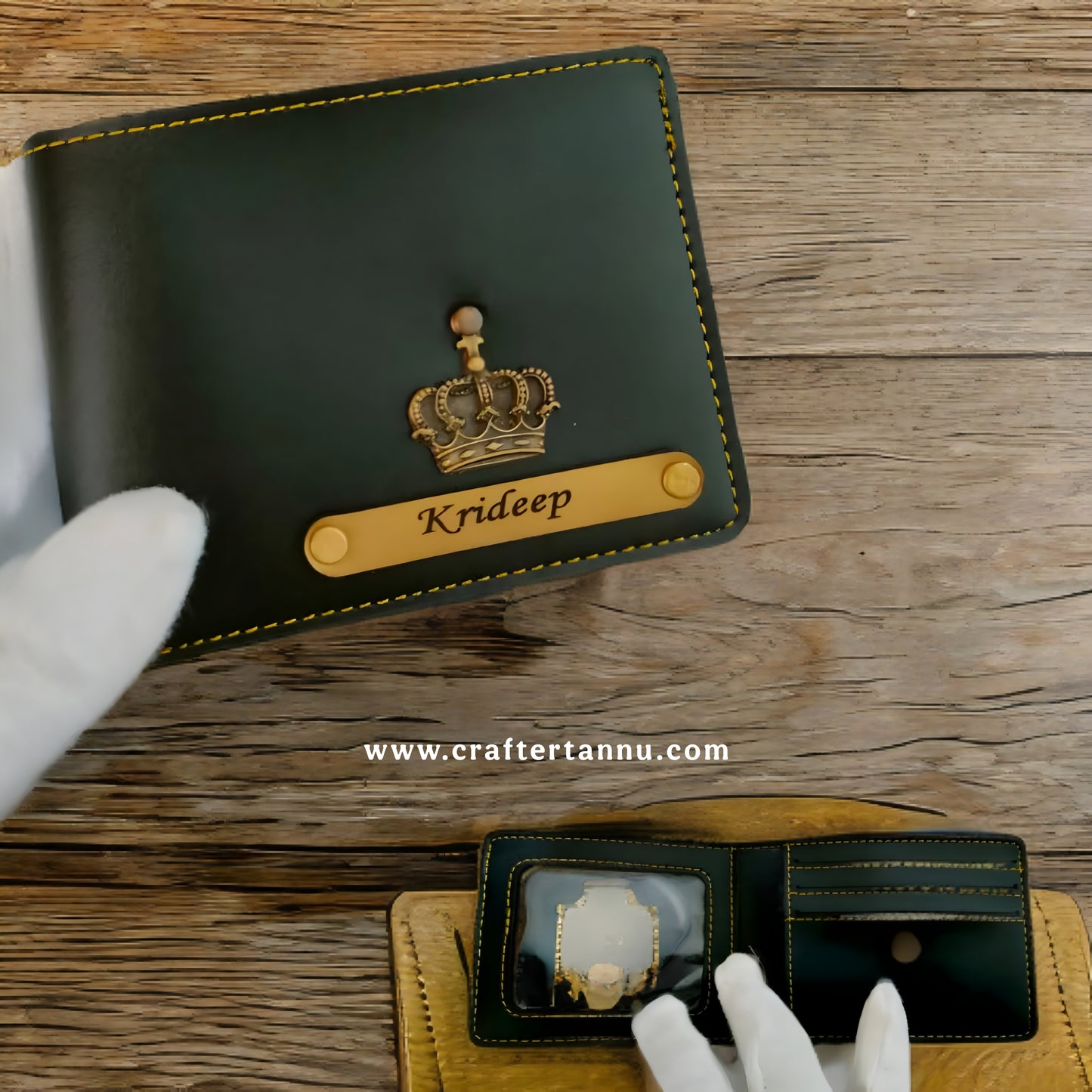 Personalized Leather Wallet with Crown Charm – Name Engraved
