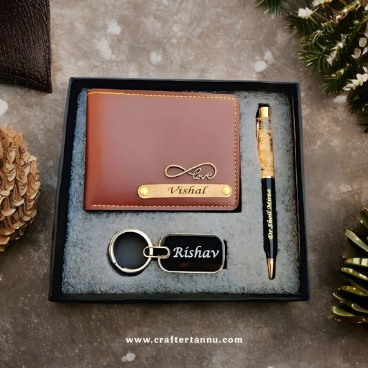 Premium Personalized Gift Set – Wallet, Keychain & Engraved Pen Combo (with Name & Charm)
