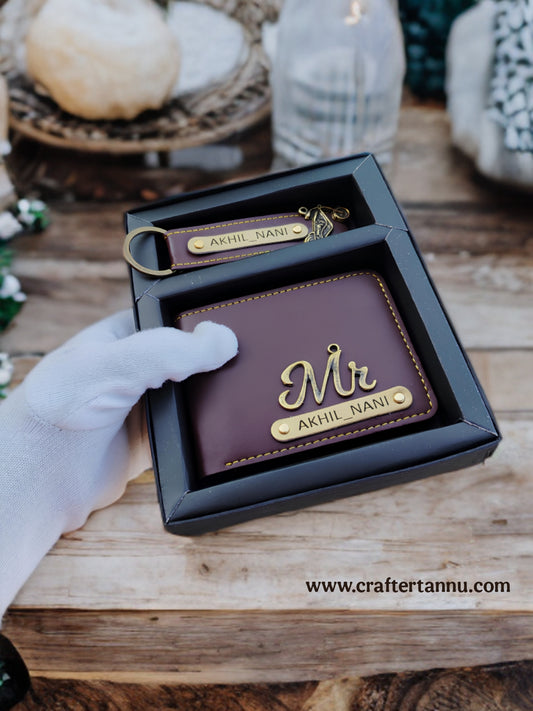 Personalized Leather Wallet & Keychain Gift Set – Name & Charm Customization