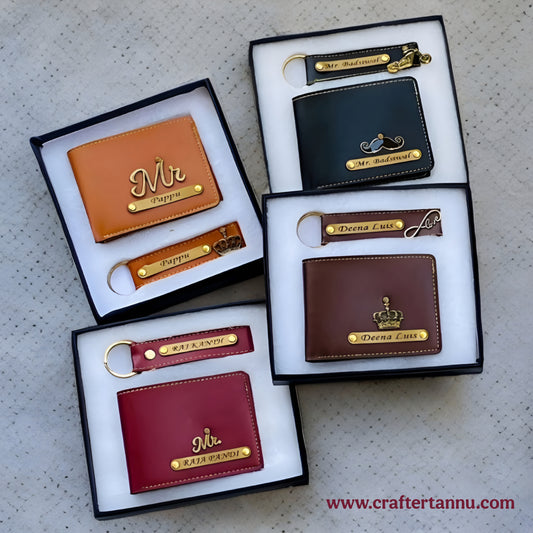 Personalized Leather Wallet & Keychain Gift Set – Name & Charm Customization