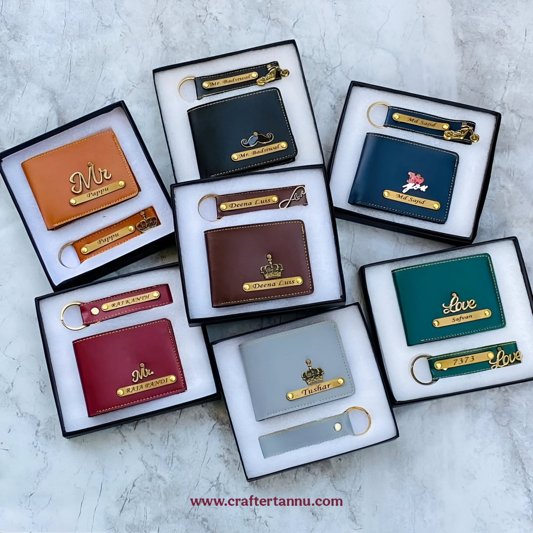 Personalized Leather Wallet & Keychain Gift Set – Name & Charm Customization